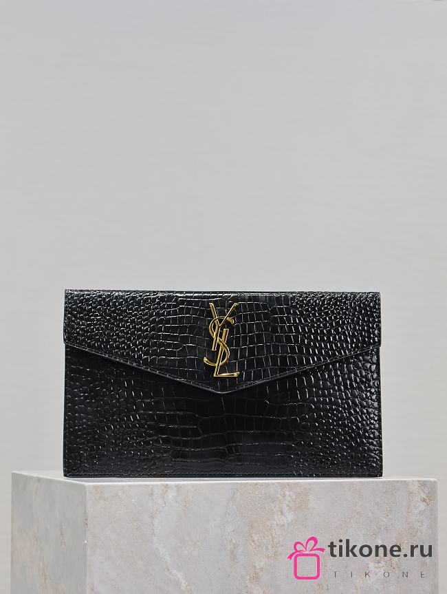 YSL Uptown Pouch In Crocodile Embossed Shiny Leather Black Gold - 27x16x2cm - 1