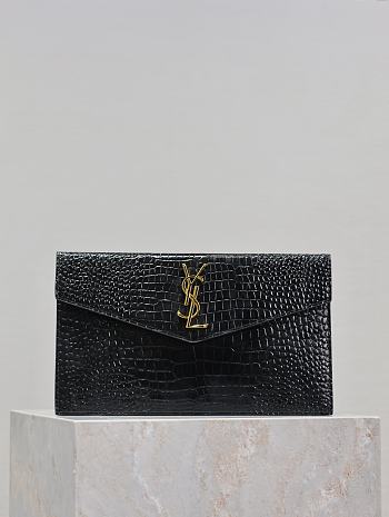 YSL Uptown Pouch In Crocodile Embossed Shiny Leather Black Gold - 27x16x2cm
