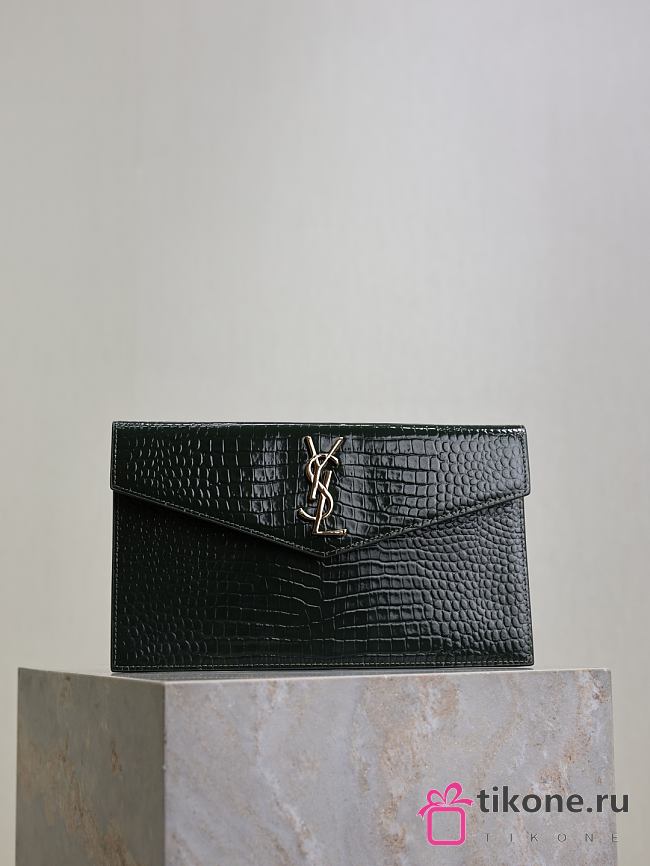 YSL Uptown Pouch In Crocodile Embossed Shiny Leather Green - 27x16x2cm - 1