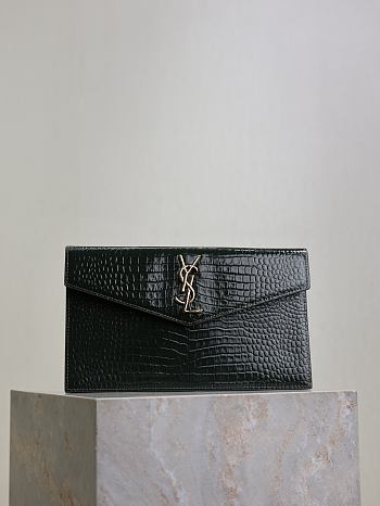 YSL Uptown Pouch In Crocodile Embossed Shiny Leather Green - 27x16x2cm