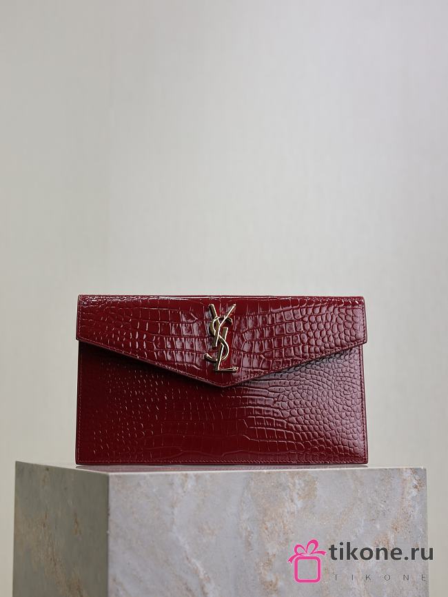 YSL Uptown Pouch In Crocodile Embossed Shiny Leather Red - 27x16x2cm - 1