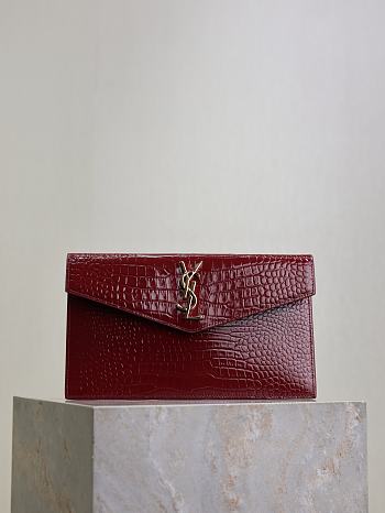 YSL Uptown Pouch In Crocodile Embossed Shiny Leather Red - 27x16x2cm