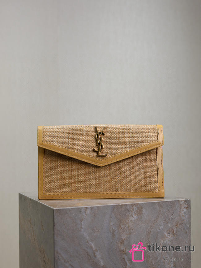YSL Uptown Pouch In Raffia Natural Hay & Blush - 27x16x2cm   - 1
