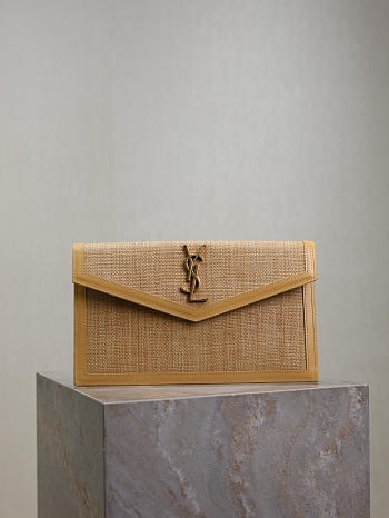 YSL Uptown Pouch In Raffia Natural Hay & Blush - 27x16x2cm  
