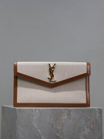 YSL Uptown Pouch In Canvas And Smooth Leather Natural Beige - 27x16x2cm