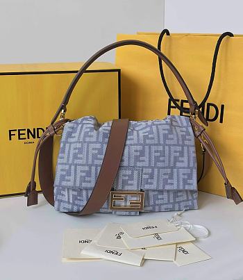 Fendi Mamma Baguette Medium Blue Denim Effect FF Jacquard Bag - 26.5x18x8.5cm