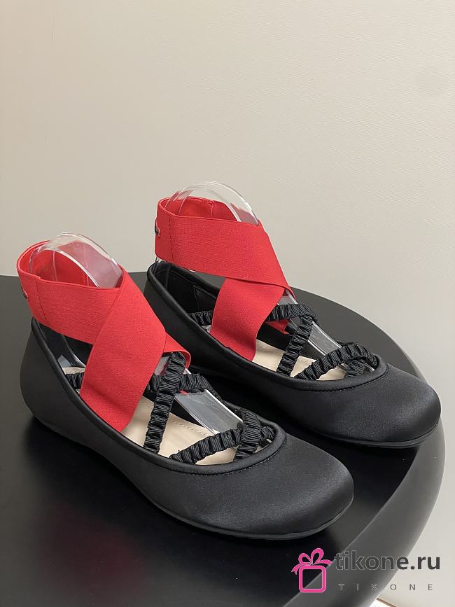 Dior Shade Ballet Flat Black Satin with Red and Black Elastic Straps - 1