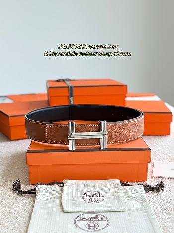 Hermes Belt Traverse Buckle & Reversible Leather Strap 32mm Black Box/ Brown Togo Silver