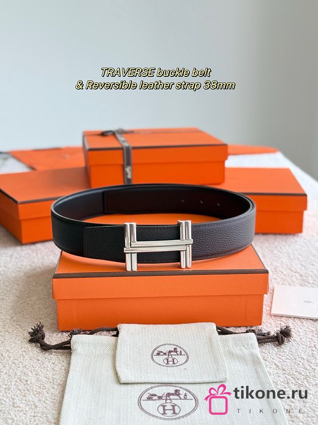 Hermes Belt Traverse Buckle & Reversible Leather Strap 32mm Black Box/ Chocolate Togo Silver - 1