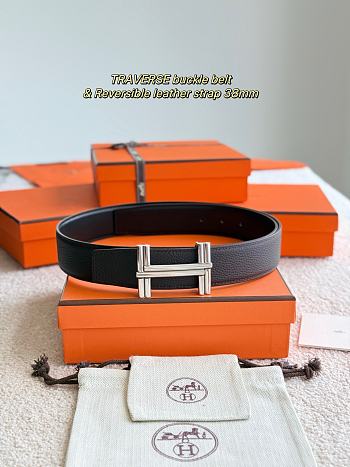 Hermes Belt Traverse Buckle & Reversible Leather Strap 32mm Black Box/ Chocolate Togo Silver