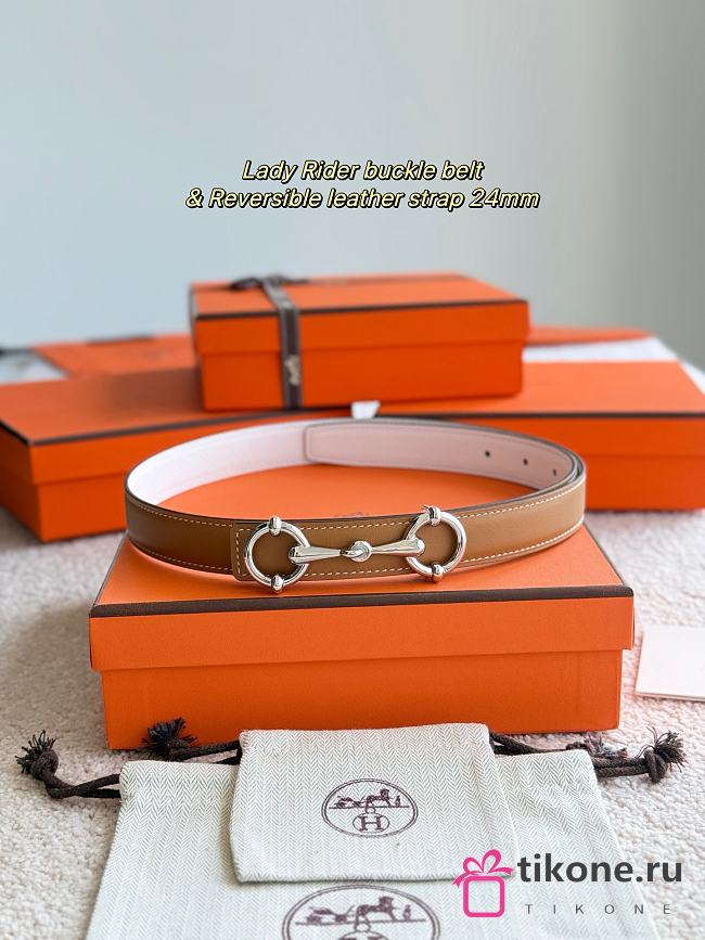 Hermes Lady Rider Belt Buckle & Reversible Leather Strap 24mm Brown Swift / White Epsom Silver - 1