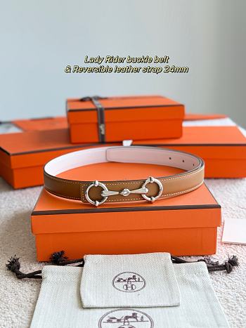 Hermes Lady Rider Belt Buckle & Reversible Leather Strap 24mm Brown Swift / White Epsom Silver