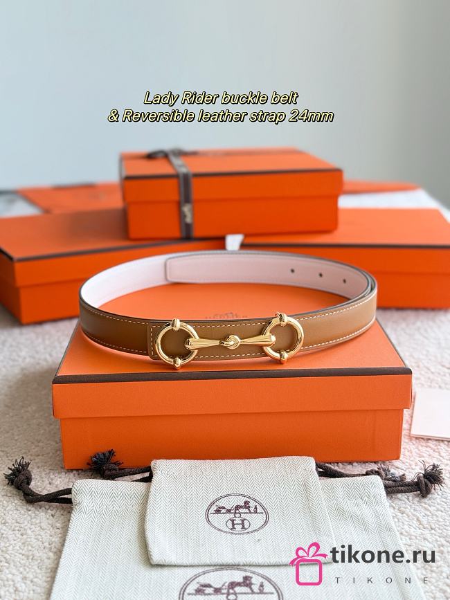 Lady Rider Belt Buckle & Reversible Leather Strap 24mm Brown Swift / White Epsom Gold - 1