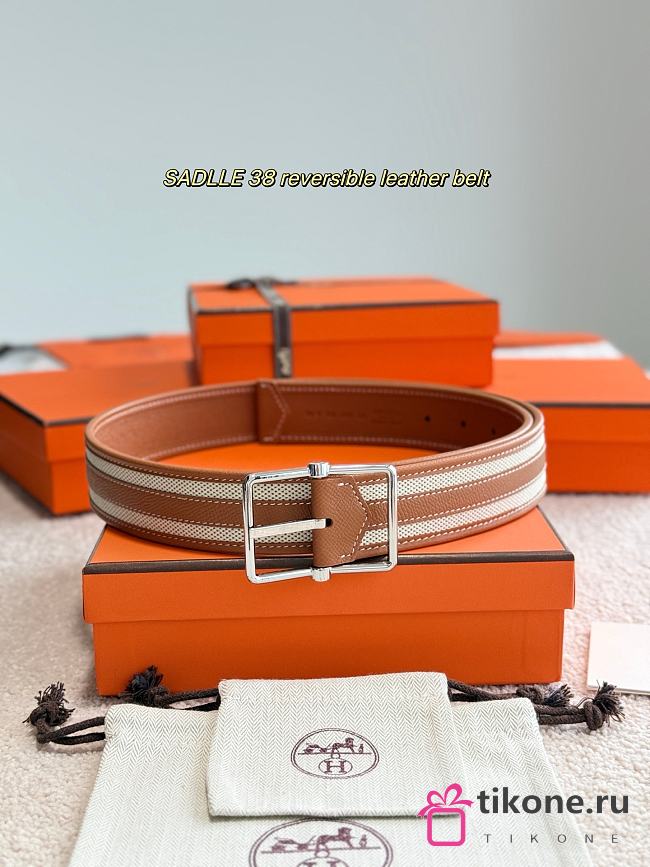Hermes Sadlle Riviera 38 Reversible Leather Belt Brown Epsom Silver - 1