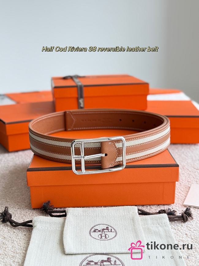 Hermes Half Cod Riviera 38 Reversible Leather Belt Brown Epsom Silver - 1