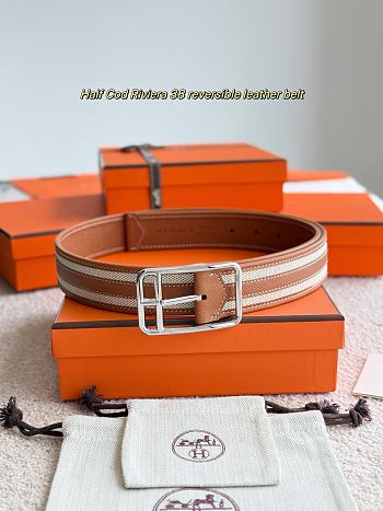 Hermes Half Cod Riviera 38 Reversible Leather Belt Brown Epsom Silver
