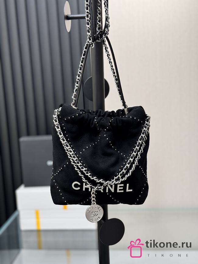Chanel 22 Mini Handbag Suede Calfskin Studs Silver Tone Metal Black - 20x19x6cm - 1