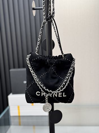 Chanel 22 Mini Handbag Suede Calfskin Studs Silver Tone Metal Black - 20x19x6cm