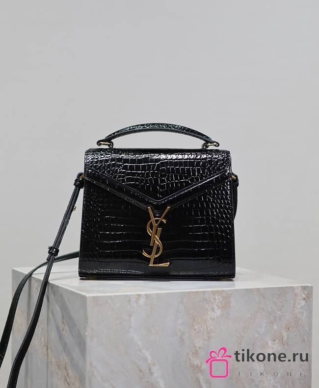 YSL Cassandra Mini Top Handle Bag In Crocodile Embossed Leather Black - 20×16×7.5cm - 1