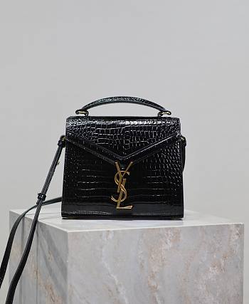 YSL Cassandra Mini Top Handle Bag In Crocodile Embossed Leather Black - 20×16×7.5cm