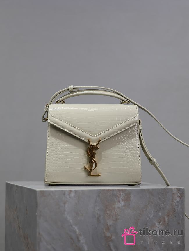 YSL Cassandra Mini Top Handle Bag In Crocodile Embossed Leather White - 20×16×7.5cm - 1