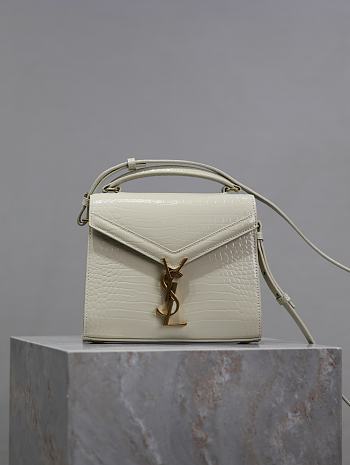 YSL Cassandra Mini Top Handle Bag In Crocodile Embossed Leather White - 20×16×7.5cm