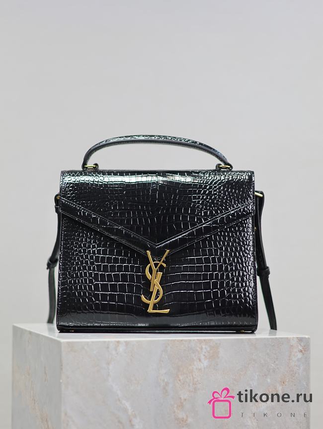 YSL Cassandra Top Handle Bag In Crocodile Embossed Leather Black - 24.5×20×11.5cm - 1