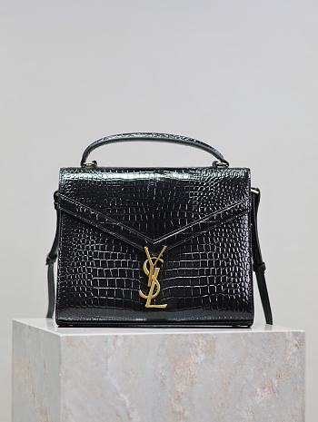 YSL Cassandra Top Handle Bag In Crocodile Embossed Leather Black - 24.5×20×11.5cm
