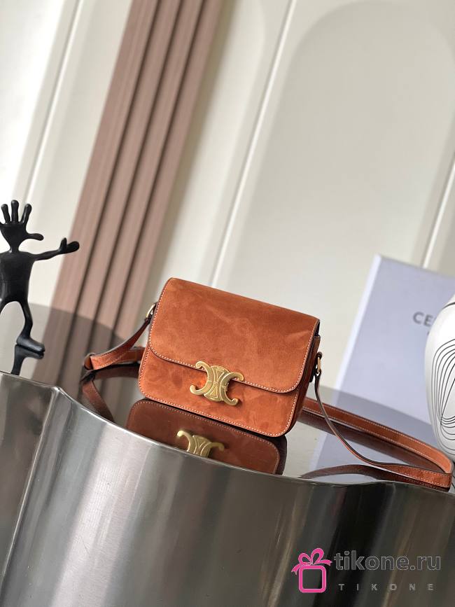 Celine Teen Triomphe Bag In Nubuck Calfskin Camel - 18.5x13.5x7cm - 1