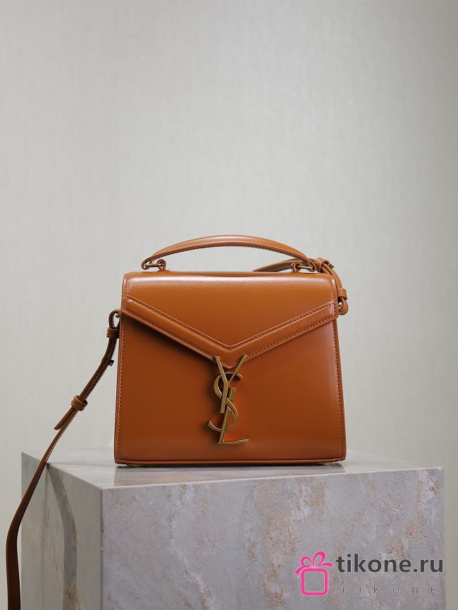 YSL Cassandra Mini Top Handle Bag In Box Leather Brown - 20×16×7.5cm - 1