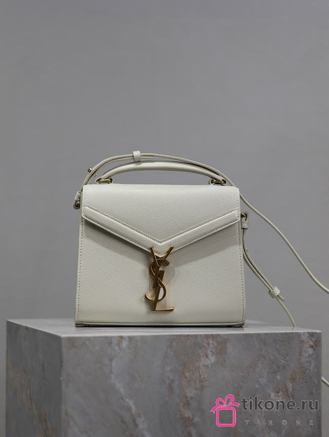 YSL Cassandra Mini Top Handle Bag In Grain De Poudre Embossed Leather White - 20×16×7.5cm - 1