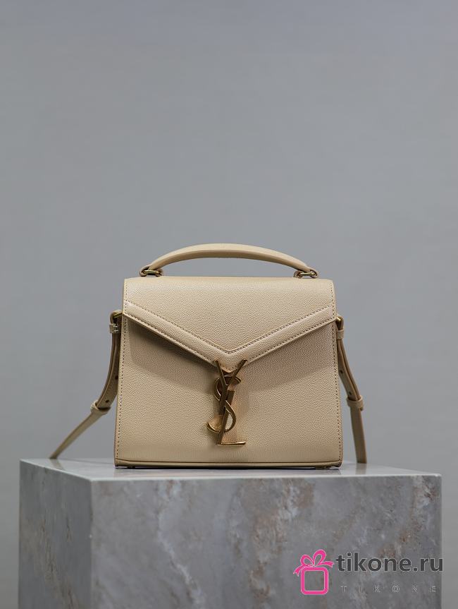 YSL Cassandra Mini Top Handle Bag In Grain De Poudre Embossed Leather Beige - 20×16×7.5cm - 1