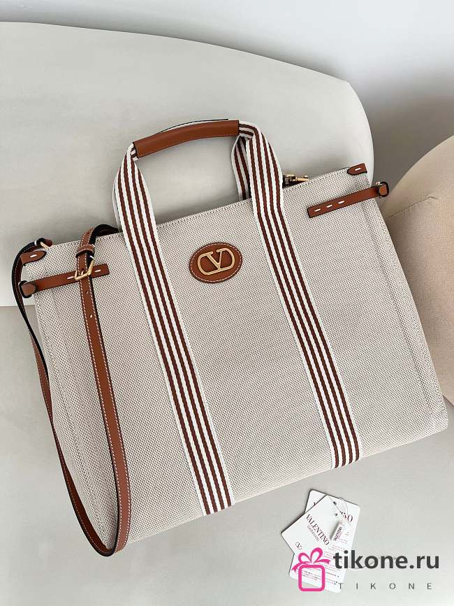 Valentino Garavani Antibes Canvas Bag Natural/Tobacco - 41x33x20cm - 1