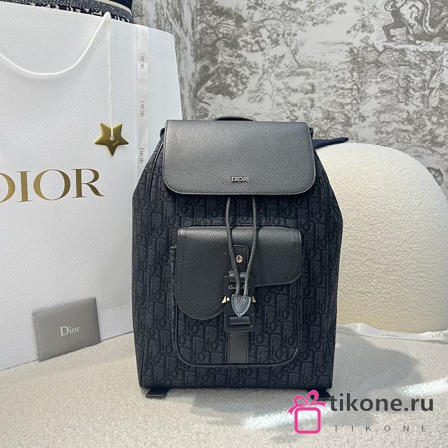 Saddle Backpack with Flap Black Dior Oblique Jacquard and Black Grained Calfskin - 26.5x41x14.5cm - 1