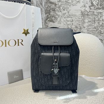 Saddle Backpack with Flap Black Dior Oblique Jacquard and Black Grained Calfskin - 26.5x41x14.5cm