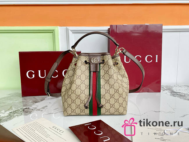 Gucci Ophidia Bucket In Beige Dark Brown GG Monogram Brown Leather - 21.5×21×13cm - 1