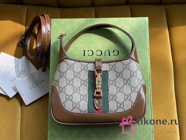 Gucci Jackie 1961 Mini Bag Beige/Ebony GG Supreme with Brown Leather - 19x13x3cm - 1