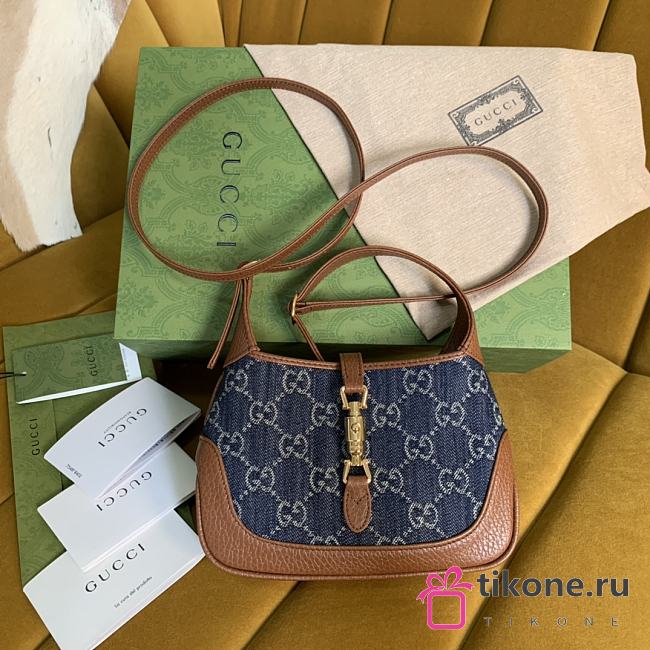 Gucci Jackie 1961 Mini Bag Blue GG Supreme Denim with Brown Leather - 19x13x3cm - 1