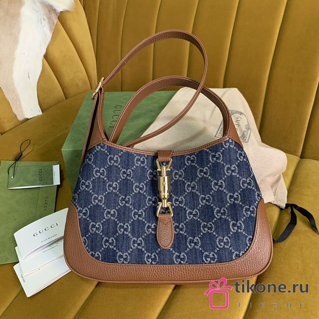 Gucci Jackie 1961 Medium Bag Blue GG Supreme Denim with Brown Leather - 28x19x4.5cm - 1