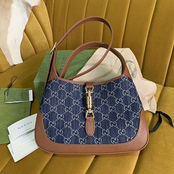 Gucci Jackie 1961 Medium Bag Blue GG Supreme Denim with Brown Leather - 28x19x4.5cm