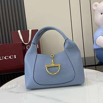 Gucci Softbit Medium Top Handbag Dusty Blue Grainy Leather - 27.5x21x16cm