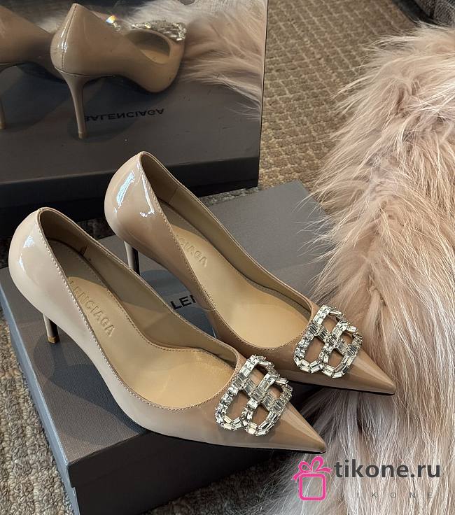 Balenciaga Diamond Buckle Heeled Sandals Beige Patent 8.5cm - 1