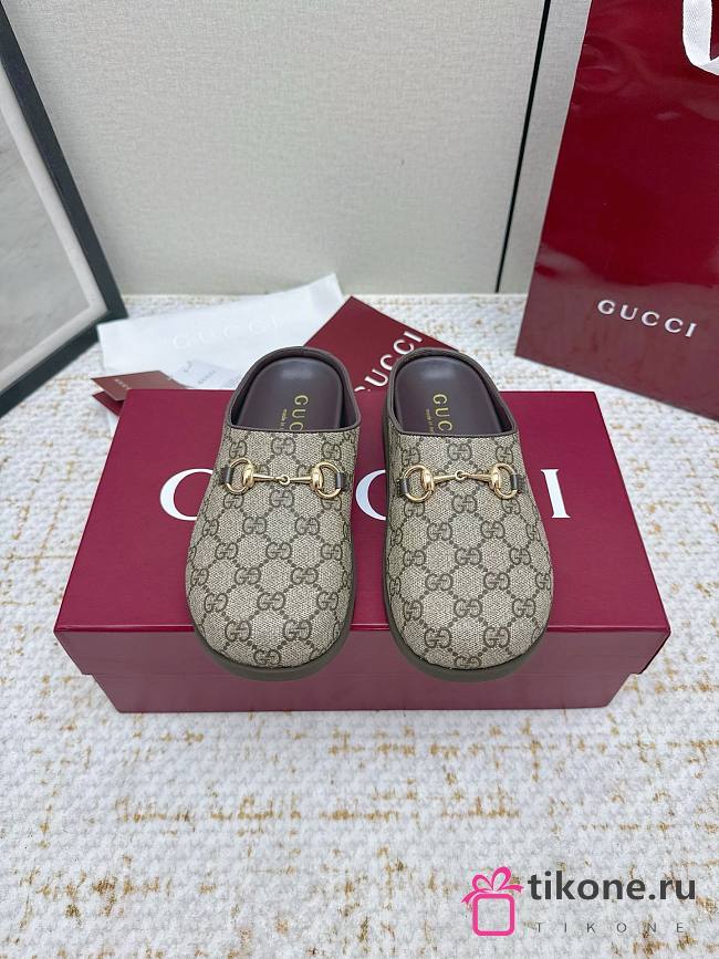 Gucci Mule with Horsebit in Camel and Dark Brown GG Canvas - 1