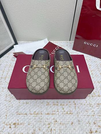 Gucci Mule with Horsebit in Camel and Dark Brown GG Canvas