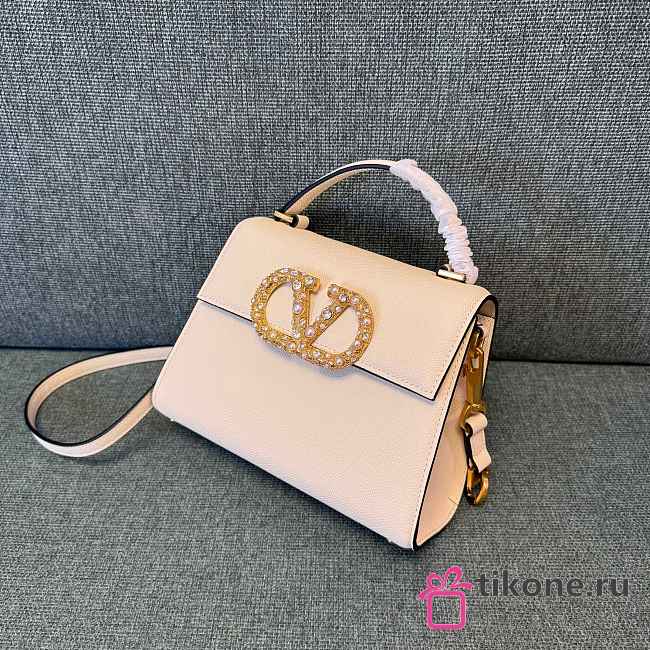 Valentino Garavani Vsling Small Handbag In Grainy Calfskin With Jewel Logo White - 22x17x9cm - 1
