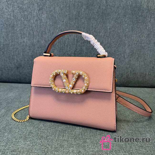 Valentino Garavani Vsling Small Handbag In Grainy Calfskin With Jewel Logo Pink - 22x17x9cm - 1