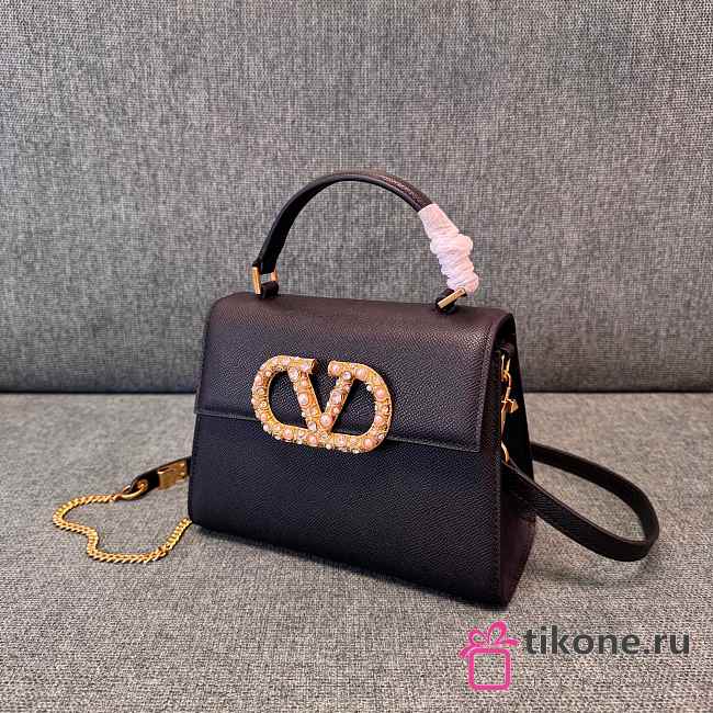 Valentino Garavani Vsling Small Handbag In Grainy Calfskin With Jewel Logo Black - 22x17x9cm - 1