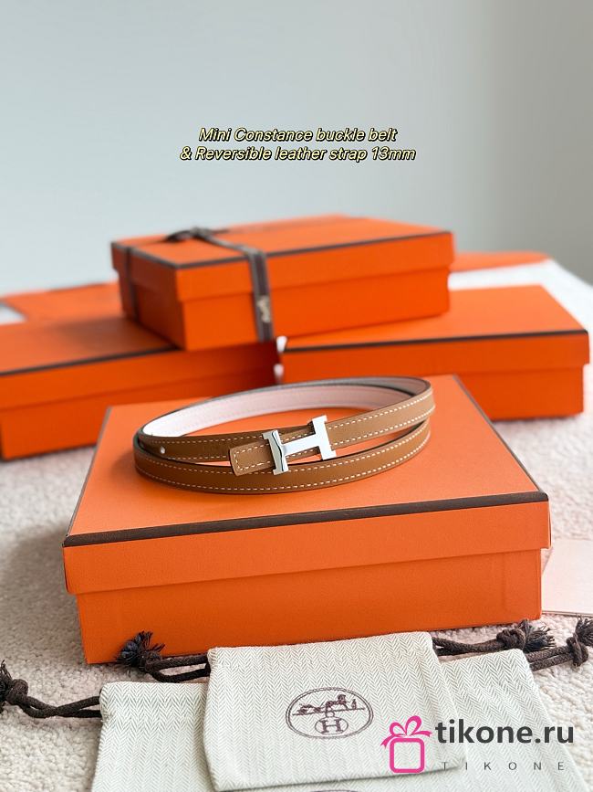 Hermes Mini Constance Bucket Belt & Reversible Leather Strap 13mm Brown/ White Silver - 1