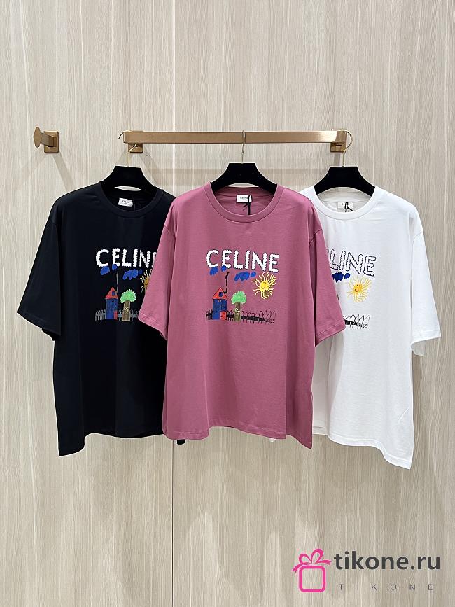 Celine Drawing Pattern T- Shirt Pink/White/Black - 1
