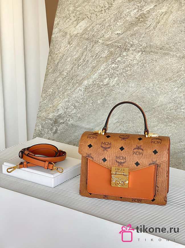 MCM Small Tracy Satchel in Visetos Cognac - 21x8x17cm - 1